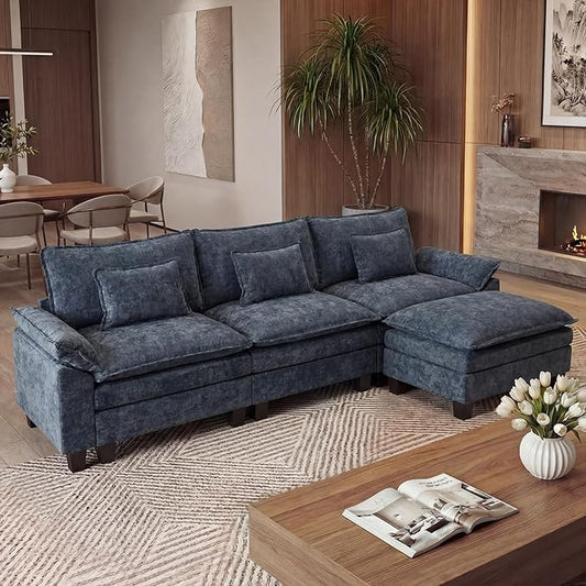 URRED Oversized Modular Sectional Sofa, 122" L Shaped Modern Comfy Cloud Couch with Movable Ottoman & Pillows, Deep Seat Couches for Living Room, Bedroom or Apartment (Chenille Blue, 122" L Shaped)