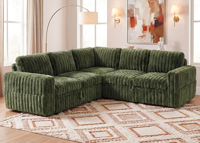 HONBAY Plush Corduroy Modular Sectional Sofa with Pull Out Bed, Convertible L Shaped Couch with Storage,Sleeper Sectional Couches for Living Room,Plush Green