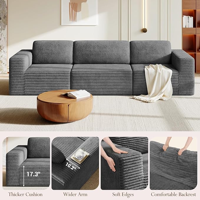 Vesgantti 119" Modular Sectional Sofa, Corduroy Cloud Couch with Deep Seating & Spring Support, 3 Seater Flexible Layout Sofa, Boneless Couch for Living Room & Apartment, No Assembly Required, Grey