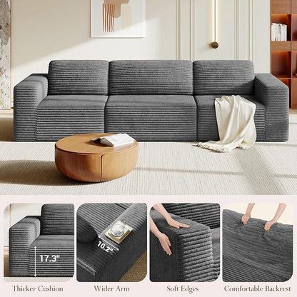 Vesgantti 119" Modular Sectional Sofa, Corduroy Cloud Couch with Deep Seating & Spring Support, 3 Seater Flexible Layout Sofa, Boneless Couch for Living Room & Apartment, No Assembly Required, Grey