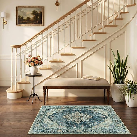 RELEANY Area Rugs Small 2'6"x4' Washable Non-Slip, Floral Vintage Distress Medallion Carpet for Kitchen Entryway Bathroom, Dark Blue Vintage