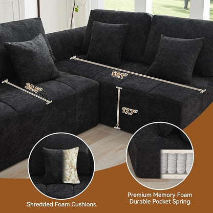 140''Modular Sectional Couches for Living Room, Cloud Boneless Compressed Sectional Sofa, Oversized U Shaped 6 Seater Upholstered Memory Foam Sofa, No Assembly, Chenille Black