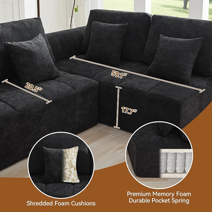 140''Modular Sectional Couches for Living Room, Cloud Boneless Compressed Sectional Sofa, Oversized L Shaped 5 Seater Upholstered Memory Foam Sofa, No Assembly, Chenille Black