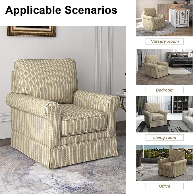 INZOY Swivel Accent Chair Linen Mid Century Modern Chair, Comfy Swivel Barrel Reading Chair, Upholstered Square Chair for Living Room Bedroom Small Spaces, Fully Assembled, Brown Stripe