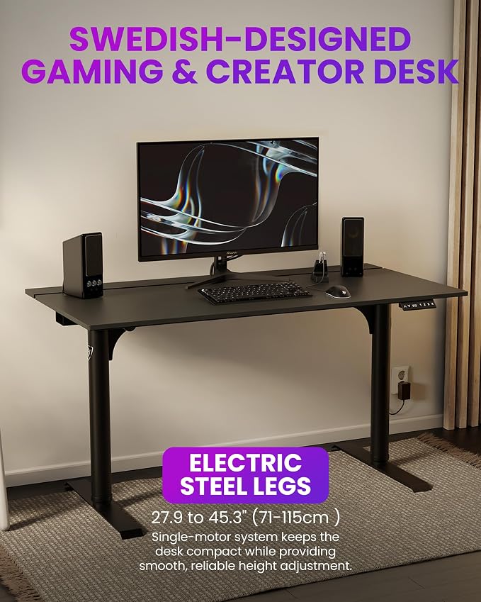 Arozzi Arena Nordico Gamer Desk – 55x27.6” Electric Standing Table – PC Gaming Desk with Storage for Cables - Dual Cable Baskets, Split Tabletop, Monitor Arm Friendly - Black