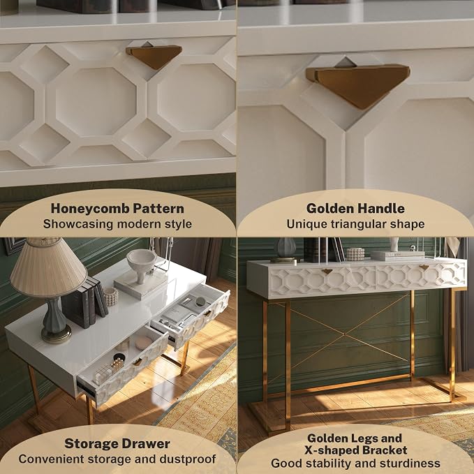 Clihome Console Table with 2 Drawers, 42'' Entryway Table with Storage, Desktop Sofa Table Hallway with Golden Legs and X-Shaped Bracket
