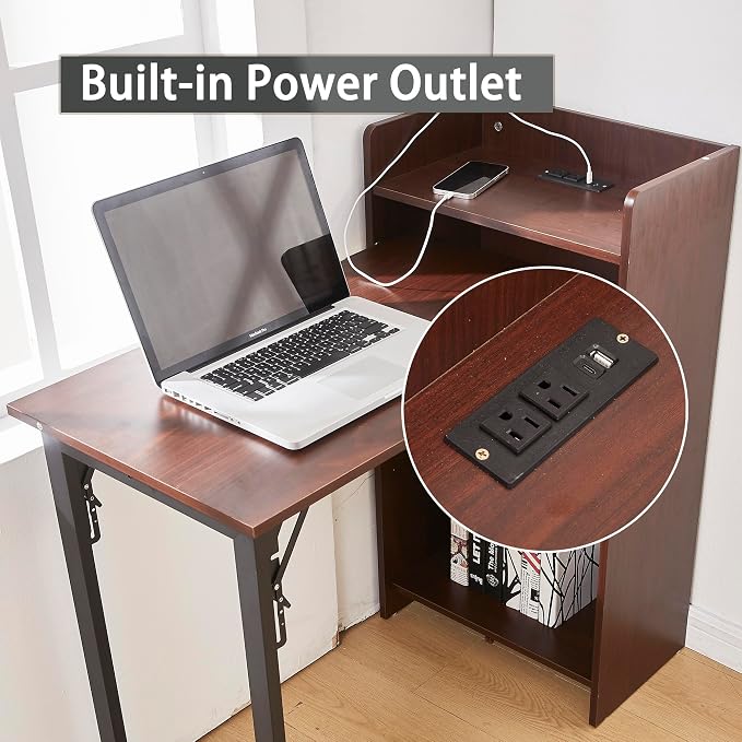 Fold Out Desk with Storage and Built-in Outlet, Mid Century Foldable Desk for Small Spaces, Hidden Folding Table for Home Office or Bedroom (Brown)