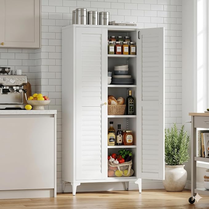 Metal Pantry Cabinet with 4 Adjustable Shelves, White Freestanding Kitchen Storage Cabinet for Dining Room, Kitchen, 63.58" H × 27.56" W × 13.78" D, Required Assembly, White