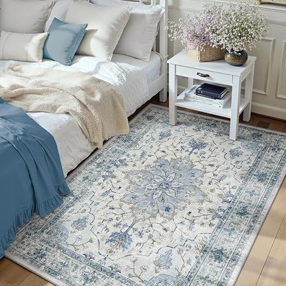 RELEANY Area Rugs 3'x5' Washable Non-Slip, Floral Vintage Distress Medallion Carpet for Living Room Bedroom Dining Room, Light Blue Navy Gray White