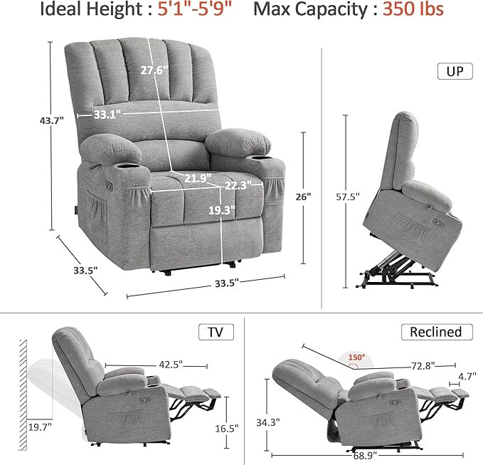 MCombo Power Lift Recliner Chair for Elderly, Lift Chair with Heat and Massage, USB &Type C Ports, Cup Holders, Fabric 7095 (Medium, Grey)