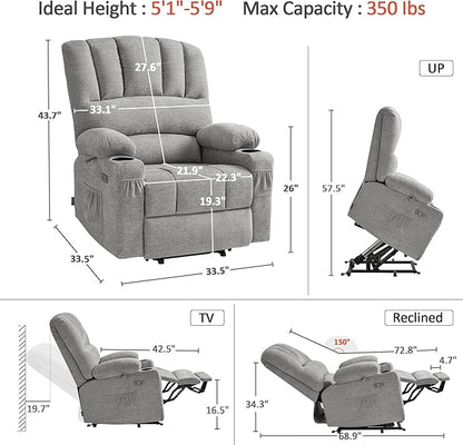 MCombo Power Lift Recliner Chair for Elderly, Lift Chair with Heat and Massage, USB &Type C Ports, Cup Holders, Fabric 7095 (Medium, Grey)