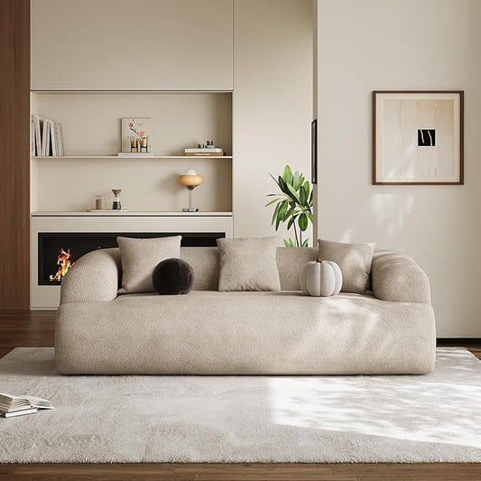 Oversized Sectional Sofa for Living Room, Modern Luxury Plush Chenille 3-Seater Extra Deep & Wide Seat Curved Cloud Couch with 3 Throw Pillows, No Assembly Needed, Light Brown（91 inch）