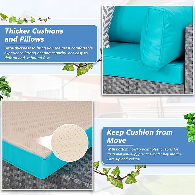 7 Piece Outdoor Patio Furniture Set, Silver Rattan Wicker Sectional Sofa, All Weather Conversation Set with Washable Cushions & Glass Coffee Table for Backyard Poolside Garden Porch,Blue