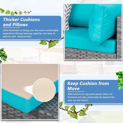 Shintenchi 7 Pieces Outdoor Patio Furniture Sets, Patio Sectional Sofa Couch, Silver Gray PE Wicker Furniture Modular Patio Conversation Sets Patio Sofa with Washable Cushions & Coffee Table (Blue)