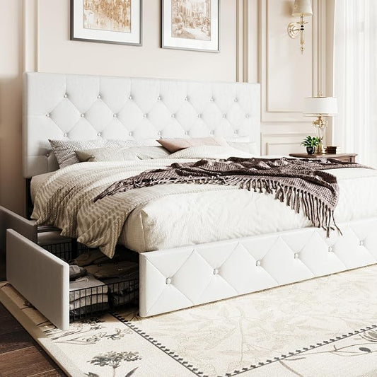 SHA CERLIN Upholstered King Platform Storage Bed Frame with 4 Drawers, Adjustable Headboard with Faux Leather Diamond Button Tufted Design, Wooden Slat Support, No Box Spring Needed, White