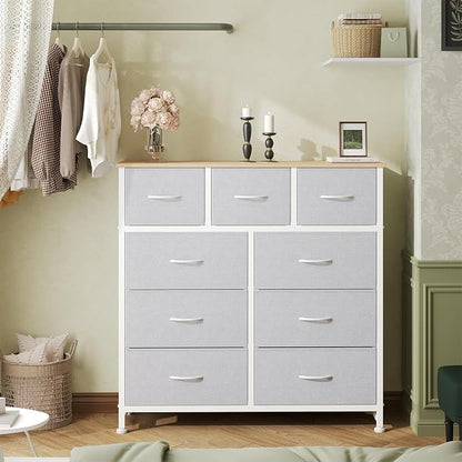 OLIXIS 9 Drawer Storage Dresser with Wood Top - Wide Fabric Chest Organizer for Bedroom, Closet, Living Room,Tower Cabinet, TV Stand, Hallway Entryway Furniture,Light Grey