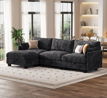 Modular Sectional L Shaped Sofa Couches for Living Room, Cloud Couch with Storage Ottoman, Comfy Chenille Sofa with Pillow, Black