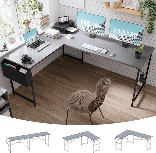 Pamray 64.5 Inch Reversible L Shaped Gaming Desk Large Corner Computer Desk with Storage Bag Home Office Table for Writing Study Grey