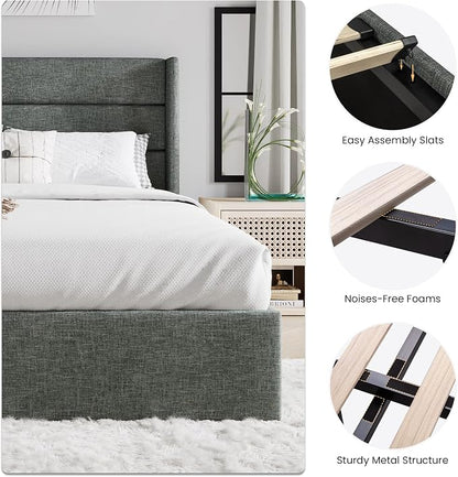 SHA CERLIN Full Size Lift Up Storage Bed/Modern Wingback Headboard/Upholstered Platform Bed Frame/Hydraulic Storage/No Box Spring Needed/Wood Slats Support/Dark Grey