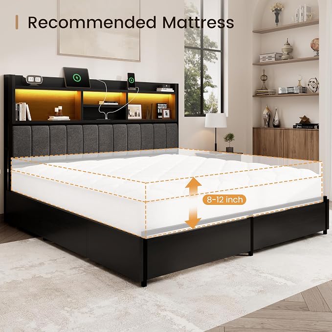 BRELTAM King Bed Frame with 6 Storage Drawers, Linen Upholstered Headboard, Built-in USB Charging Station & LED Lighting, Silent Metal Support, No Box Spring Needed, Vintage Black