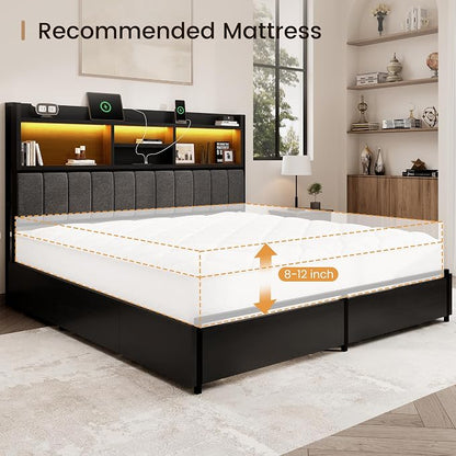BRELTAM King Bed Frame with 6 Storage Drawers, Linen Upholstered Headboard, Built-in USB Charging Station & LED Lighting, Silent Metal Support, No Box Spring Needed, Vintage Black