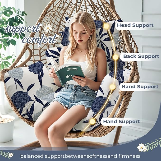 Waterproof Egg Chair Cushion Replacement 47x31.5x4.7 inch Thicken Hanging Egg Swing Chair Cushion Indoor Outdoor Wicker Rattan Hammock Basket Cushion with Headrest Pillow, Blue Enchantress