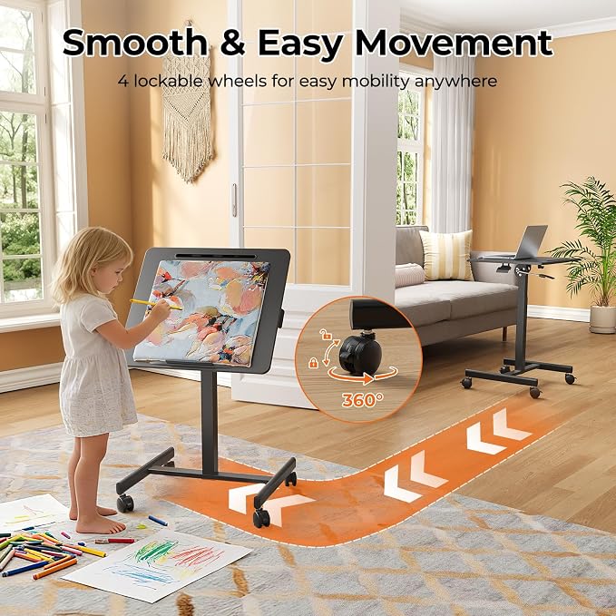 JOY worker Mobile Standing Desk, 23.6" x 20.5" Small Rolling Laptop Cart with 90° Tiltable Desktop, Portable Height Adjustable Sit-Stand Computer Desk on Wheels for Home Office, Black
