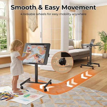 JOY worker Mobile Standing Desk, 23.6" x 20.5" Small Rolling Laptop Cart with 90° Tiltable Desktop, Portable Height Adjustable Sit-Stand Computer Desk on Wheels for Home Office, Black
