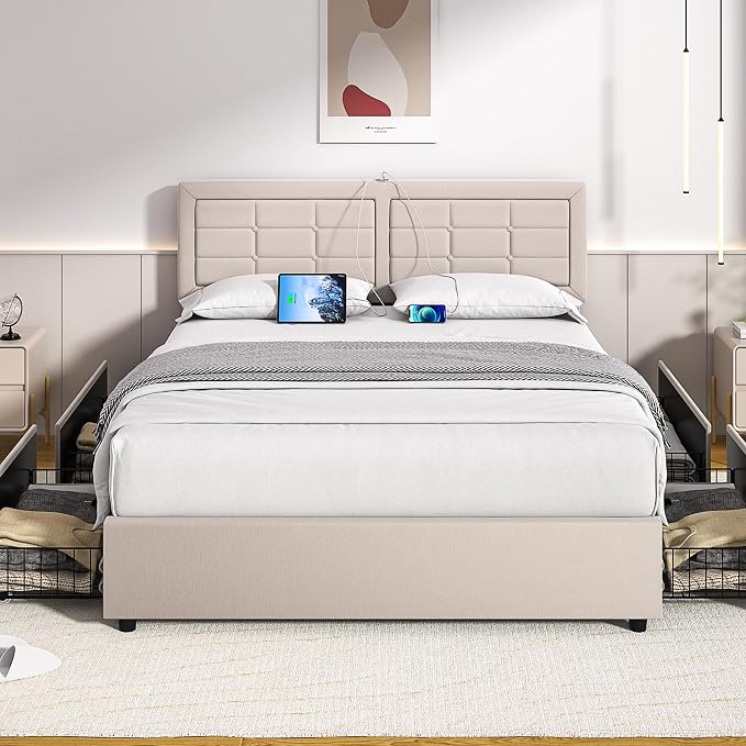 VECELO Full Size Bed Frame with 4 Drawers, Adjustable Tufted Button Headboard, Upholstered Platform with Wood Slats Support, Built-in USB and Type C Ports, Beige