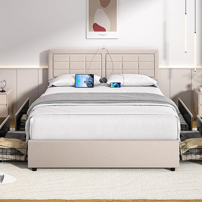VECELO Full Size Bed Frame with 4 Drawers, Adjustable Tufted Button Headboard, Upholstered Platform with Wood Slats Support, Built-in USB and Type C Ports, Beige