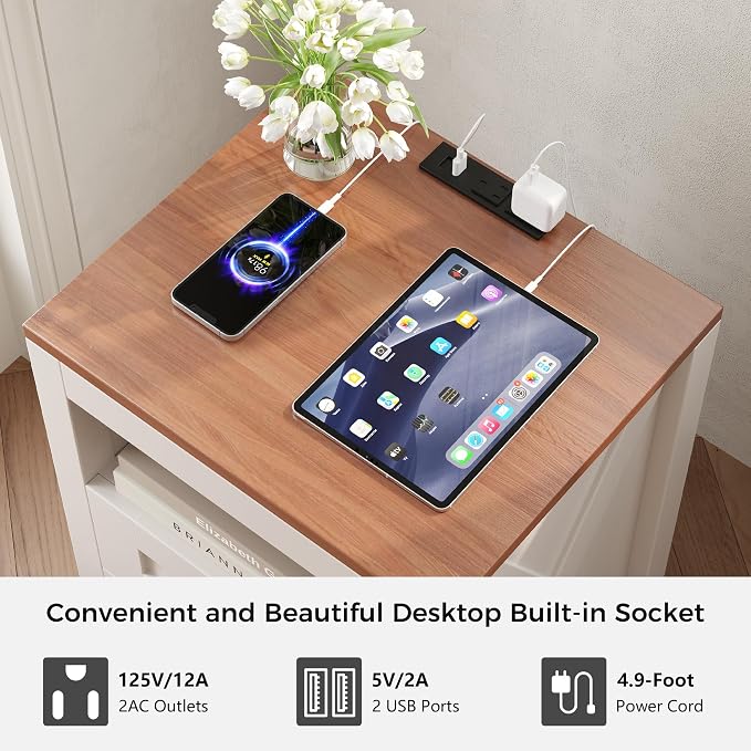Luoxiao Nightstand Set of 2 with Charging Station, End Table, 18" Farmhouse Side Table with 2 Storage Drawers, Rustic Wooden Sofa Table, Bedside Cabinet for Living Room, Bedroom, White