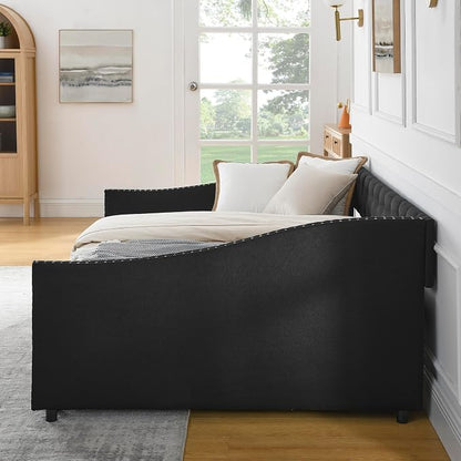 KEIKI Full Size Upholstery Daybed with 2 Drawers and Headboard, Mid-Century Style Tufted Sofa Bed with Button on Back, Easy Assembly, No Box Spring Required, for Living Room and Bedroom, Black