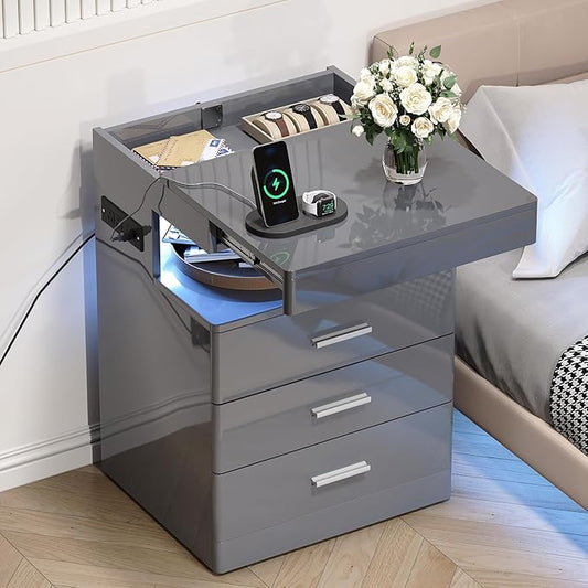 Treocho Led Nightstand with Hidden Space, Modern Night Stand with Charging Station, 3 Drawer Smart Nightstand with Glossy Finish, Tall Bedside Table with RGB Lights for Bedroom, Grey