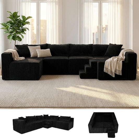 128" U-Shaped Modular Sofa, Modern Cloud Couch with Double Chaise, Sectional Boneless Couches for Living Room Bedroom, No Assembly Required, Black