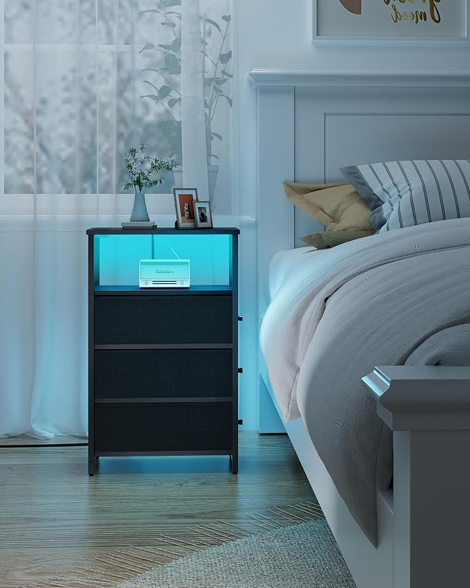 TUTOTAK Narrow LED Night Stand with Charging Station, Slim End Table with Plugins, Tall Side Table with 3 Fabric Drawer, Small Bedside Table with Storage, Set of 2, for Living Room, Black TB01BK073L