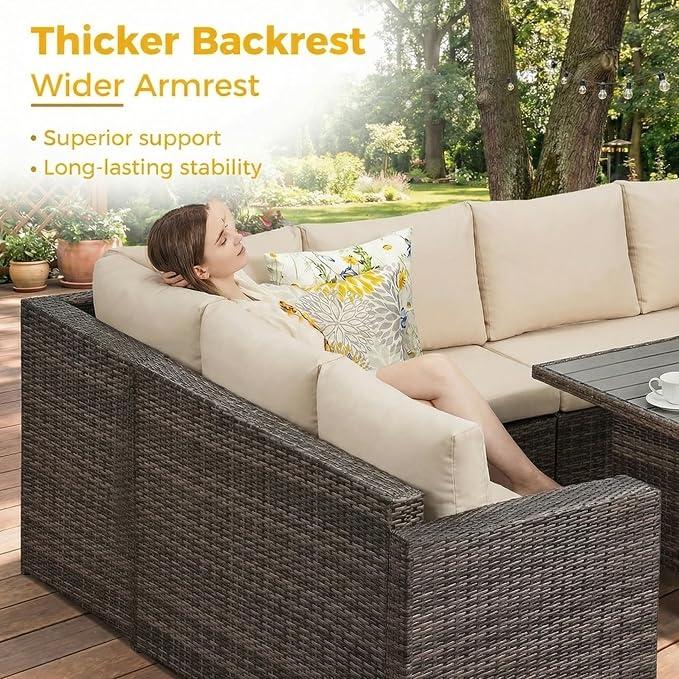 Wisteria Lane 7 Piece Patio Furniture Set, Wicker Patio Sectional with Wide Armrest, All Weather Outdoor Dining Set, Outdoor Furniture Patio Conversation Set with Ottoman, Brown