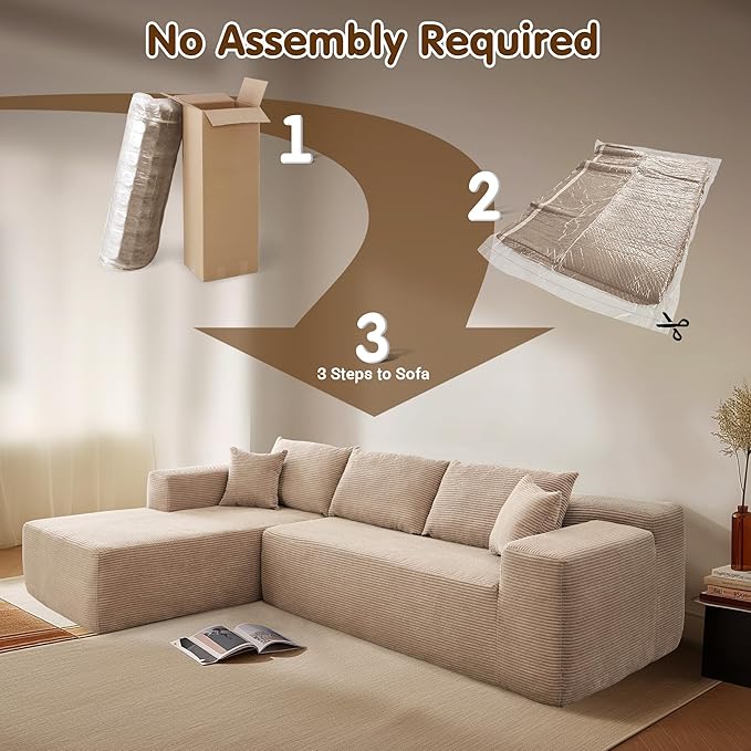 ovios 104" Cloud Boneless Couch with L-Shape Chaise,Modern Sectional Modular Sofa with Deep Seat, Upholstered Couches for Living Room Bedroom,No Assembly Required, Camel (Corduroy Fabric)