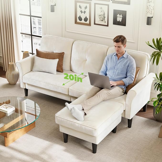 Welzona Sectional Couches for Living Room, 83" Velvet Modern 3 Seater Sofa, L Shaped Couch with Ottoman, Small Sectional Couch Sofas for Living Room, Bedroom, Apartment, Office, Beige Sofa