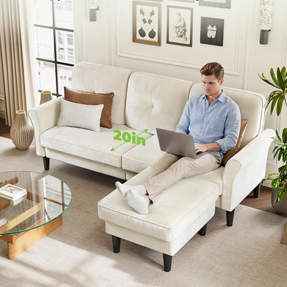 Welzona Sectional Couches for Living Room, 83" Velvet Modern 3 Seater Sofa, L Shaped Couch with Ottoman, Small Sectional Couch Sofas for Living Room, Bedroom, Apartment, Office, Beige Sofa