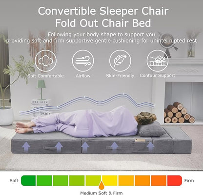 Folding Sofa Bed, 4 in 1 Convertible Sleeper Chair with Pillow, Queen Memory Foam Fold Out Chair Bed, Modern Floor Futon Sofa Couch Mattress for Living Room/Guest/Apartment, Light Gray