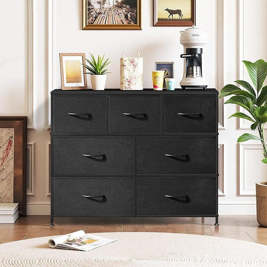 7-Drawer Dresser for Bedroom, Anti-Tip Wide Storage Organizer Fabric Chest of Drawers TV Stand for 45" TV with Wooden Top and Metal Frame for Closet, Living Room, Hallway, Entryway, Black