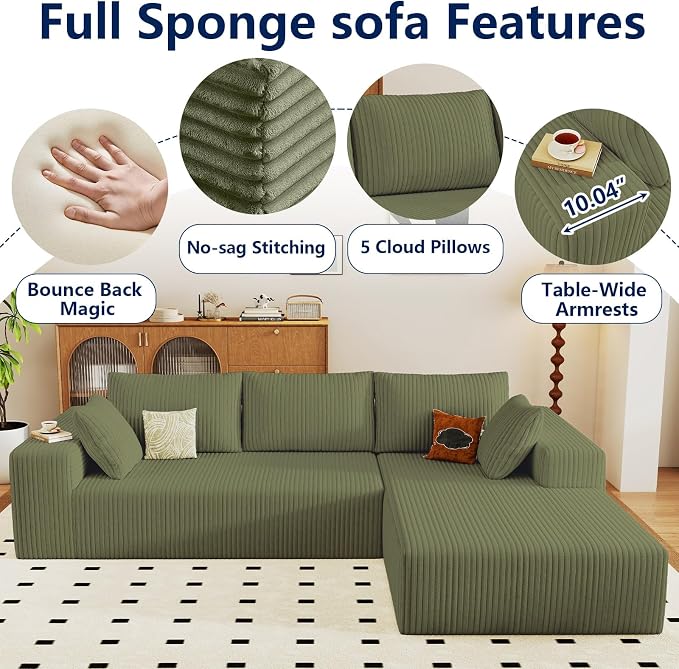 96" Modular Sectional Sofa, Modern Corduroy Cloud Couch with Deep Seat, Boneless Couch Upholstered 3-Seater L-Shaped Sofa for Living Room, No Assembly Required (Green, Right-Facing Chaise)