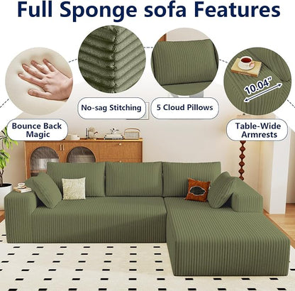 96" Modular Sectional Sofa, Modern Corduroy Cloud Couch with Deep Seat, Boneless Couch Upholstered 3-Seater L-Shaped Sofa for Living Room, No Assembly Required (Green, Right-Facing Chaise)