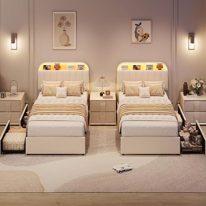GarveeHome Twin Bed Frame with Storage Headboard, Kids Bed Frame with 2 Drawers, Velvet Upholstered Platform Bed Frame with Lights, No Box Spring Needed, Easy Assembly, Velvet White