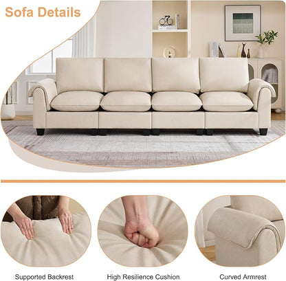 118" Faux Leather Modular Sectional Upholstered Sofa, Oversized 4 Seater Couch with Curved Armrests, Cloud Modern Upholstered Deep Seat Sofa for Living Room, Beige