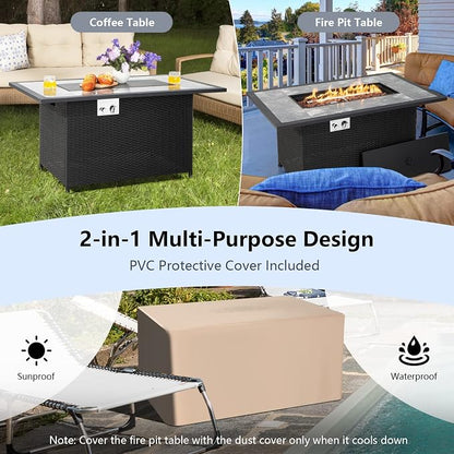 COSTWAY 52" Patio Propane Fire Pit Table, 50,000 BTU Outdoor Fire Table, Electric Pulse Ignition, Marble Tabletop & Weatherproof Rattan, Protective Cover Included, Perfect for Backyard, Poolside