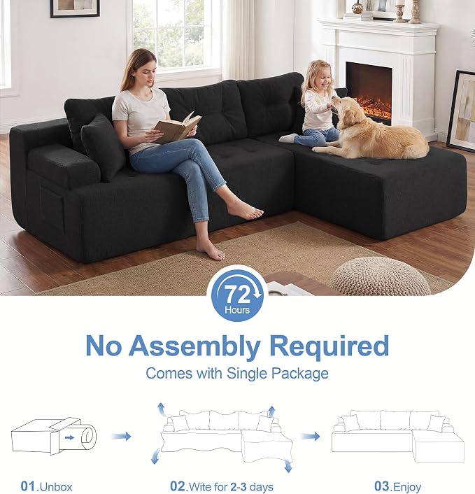 Hobestluk Modular Sectional Sofa Couches L-Shape Couch 3 Seat Modular Sofa Memory Foam Sectional Couches for Living Room, Cloud Couch with Oversized Chaise (Black Tufted, 96", Right Hand Facing)