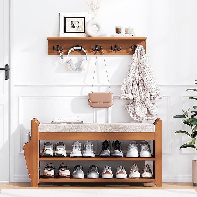PETKABOO 31.5" Shoe Bench with Coat Rack Hidden Drawer and Side Holder, 2 Tier Entryway Bench with Storage 39.4 in, Bamboo Shoe Rack with Cushion for Entryway Hallway Living Room Bedroom