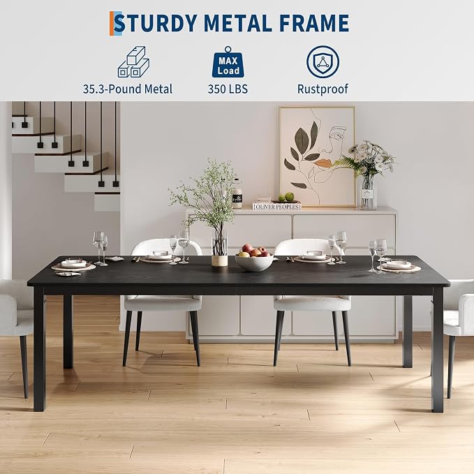 GarveeHome 78.7 in Industrial Dining Table for 6, Wooden Long Dinner Table with Mortise Tenon Design, Kitchen Table with Sturdy Metal Legs, for Dining Room Home Office Living Room, Black