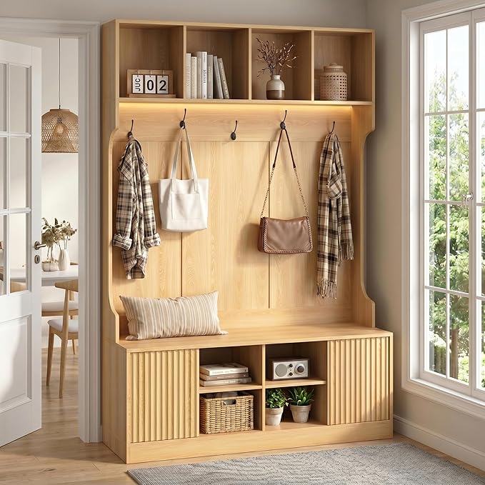 Hall Tree with Bench and Shoe Storage, 5-in-1 Entryway Coat Rack with LED Sensor Light, Hooks and Storage Cubes, Shoe Cabinet with Fluted Door, Modern Hall Tree for Entryway, Living Room